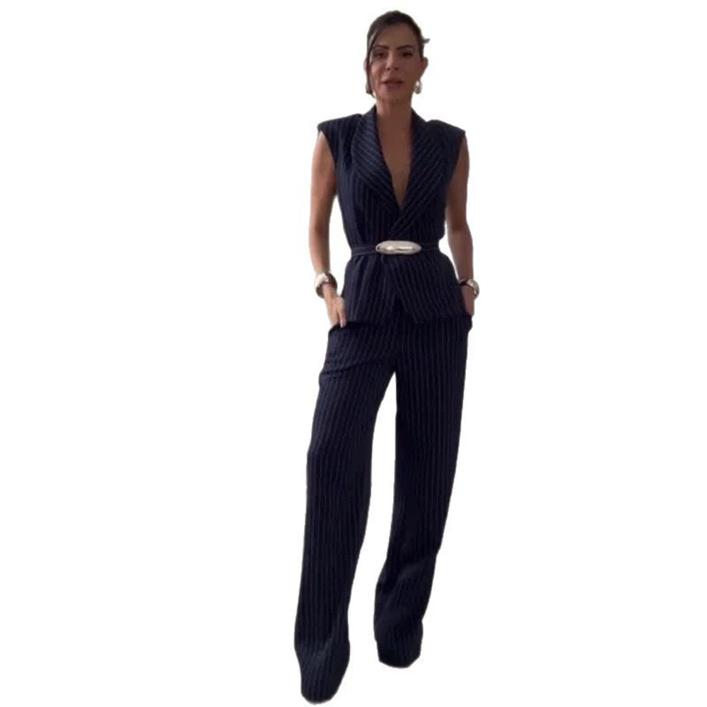 Forever 21 Summer Collared Sleeveless Navy Blue Striped Pantsuit - Picture 5 of 6